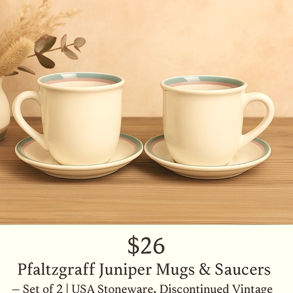 VTG Pfaltzgraff Juniper Mugs & Saucers – Set of 2 | USA Stoneware, Discontinued